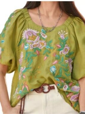 Sundance Catalog Green Floral Embroidered Bohemian Peasant Top